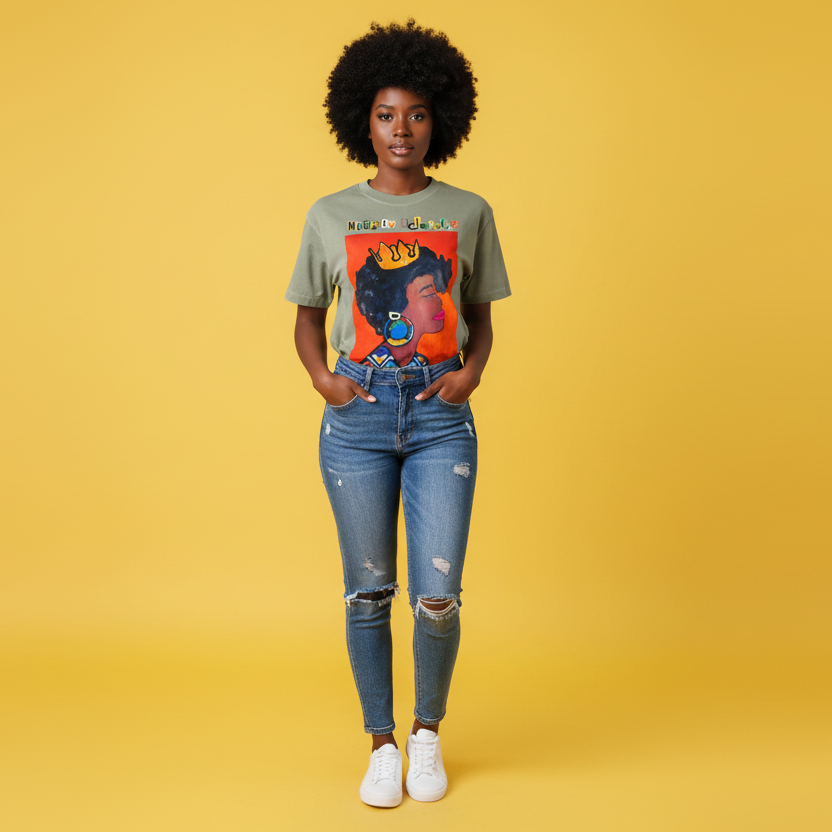 Unisex Crowned Black Woman Art Graphic Vintage Wash Drop Shoulder T-shirt ODMPOD