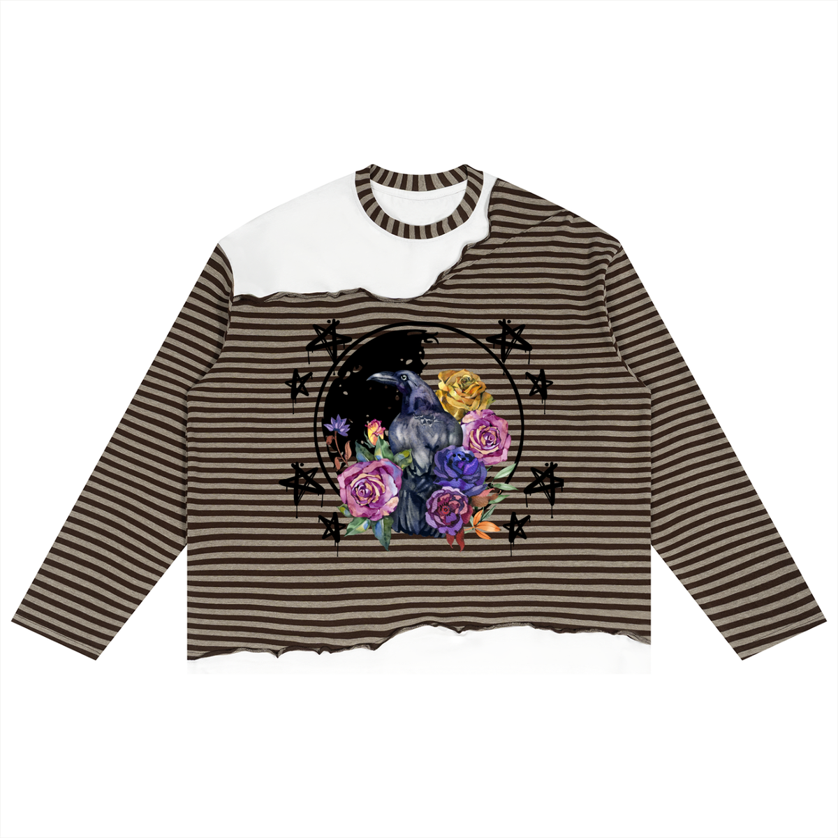 Gothic Raven Graphic Unisex Striped Panel Boxy Long Sleeve T-Shirt
