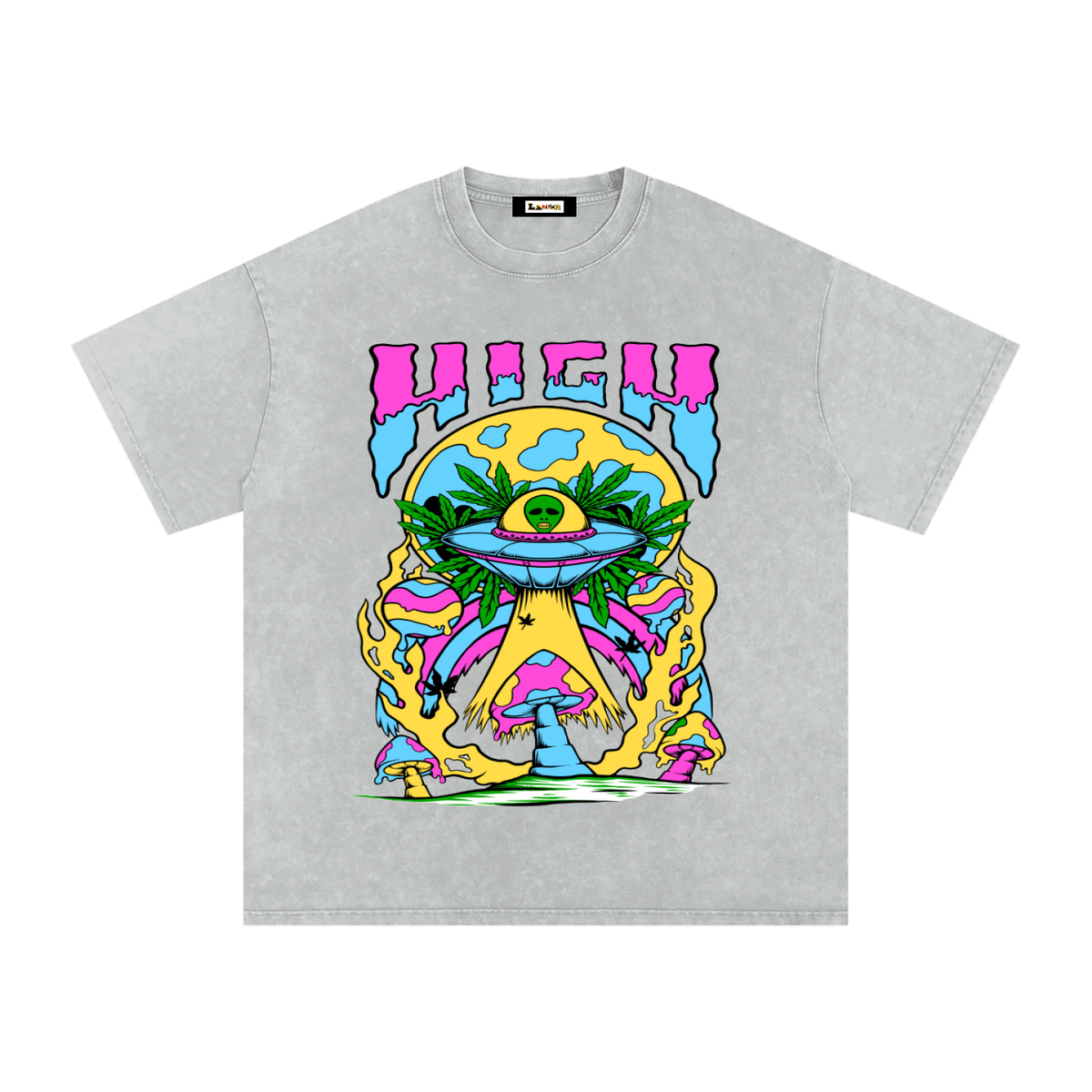 Unisex Oversized Cotton T-Shirt with Graphic Alien Art in Snow Wash