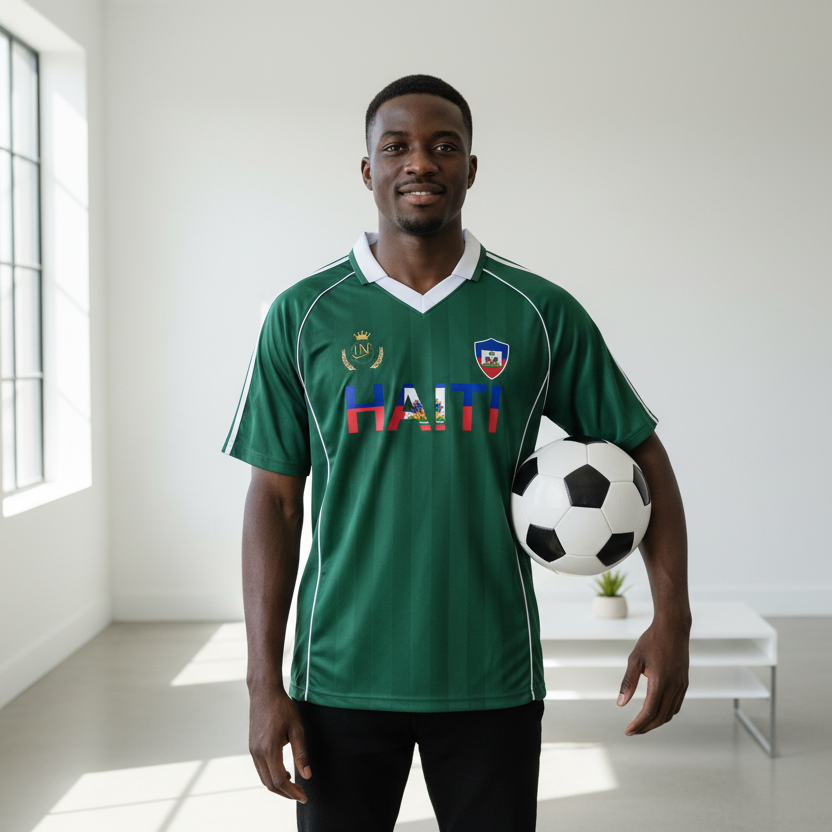 Unisex Haiti Flag Themed Graphic Shadow Stripe Collared Soccer Jersey