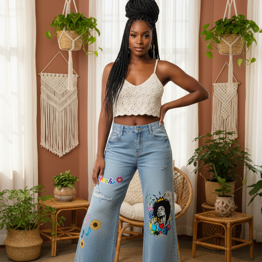 Colorful Graffiti Afro Music Themed Graphic Women's Vintage Wash Distressed Wide Leg Jeans