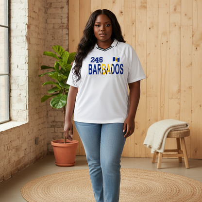 Barbados Flag Themed Graphic Striped V-Neck Unisex Soccer Jersey