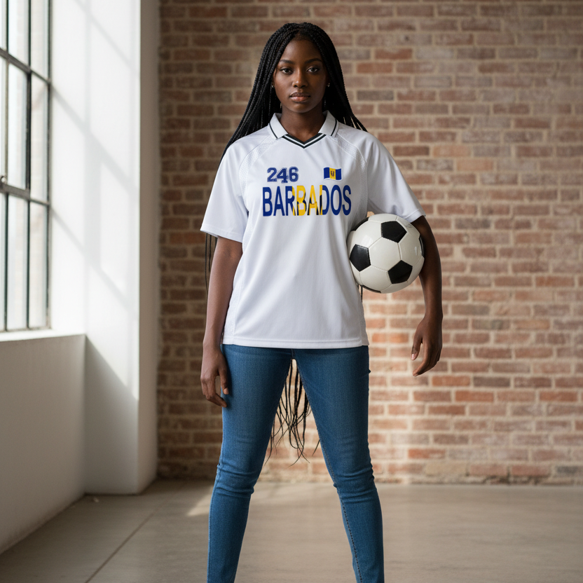 Barbados Flag Themed Graphic Striped V-Neck Unisex Soccer Jersey