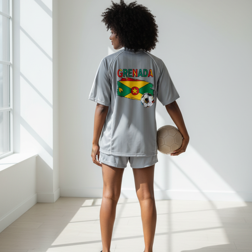 Grenada Flag Themed Graphic Stripe Collared Soccer Jersey
