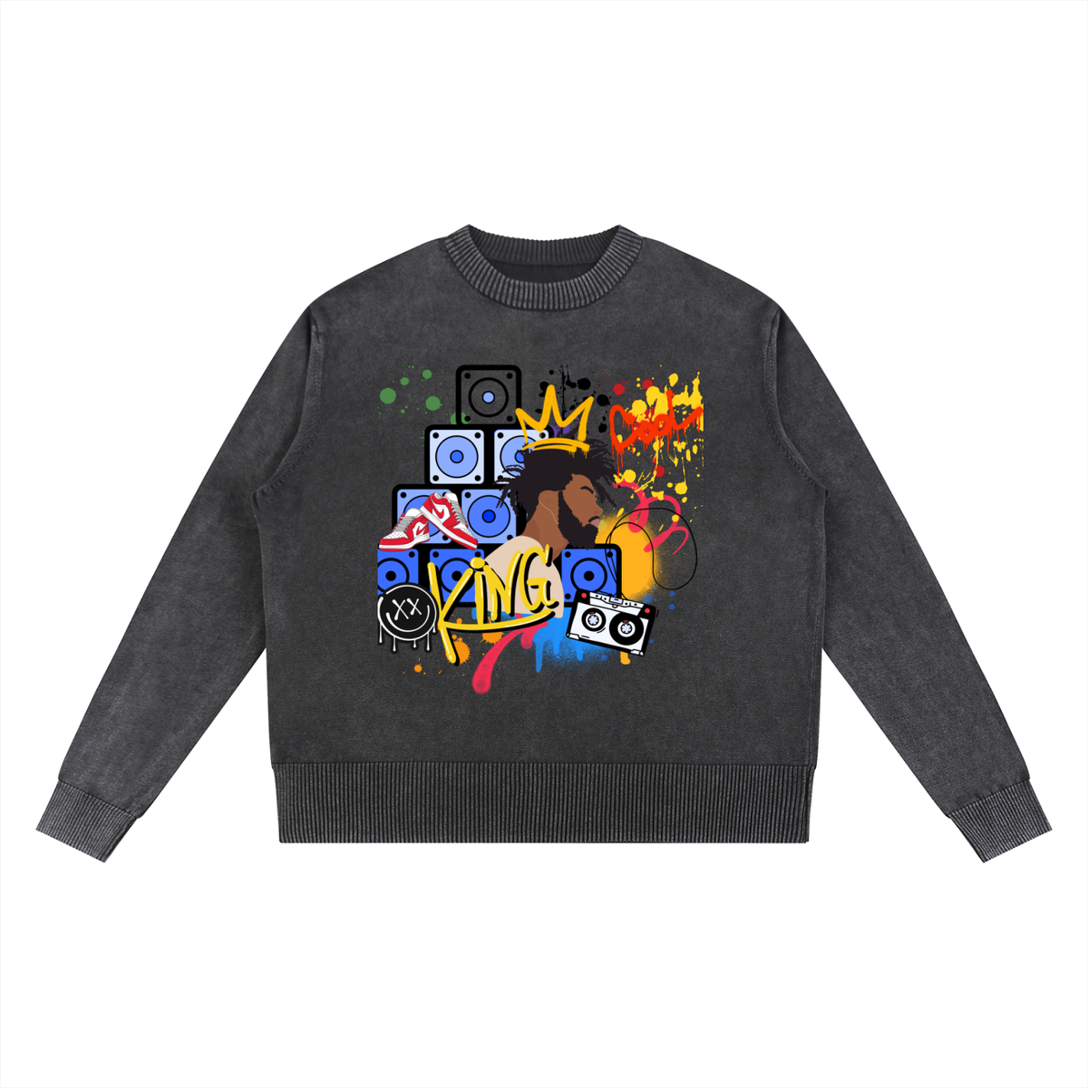 King Art Graphic Men's Mineral Wash Oversized Sweater