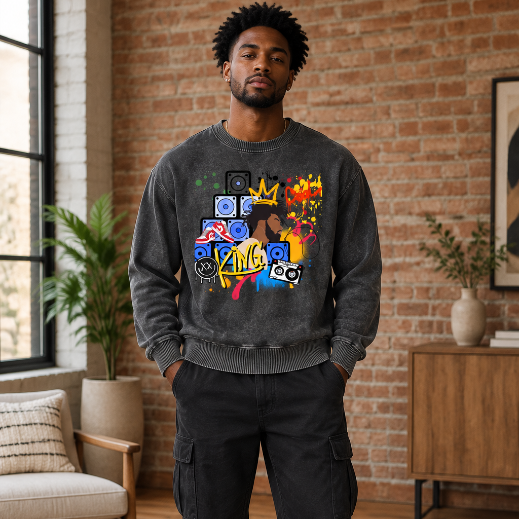 King Art Graphic Men's Mineral Wash Oversized Sweater