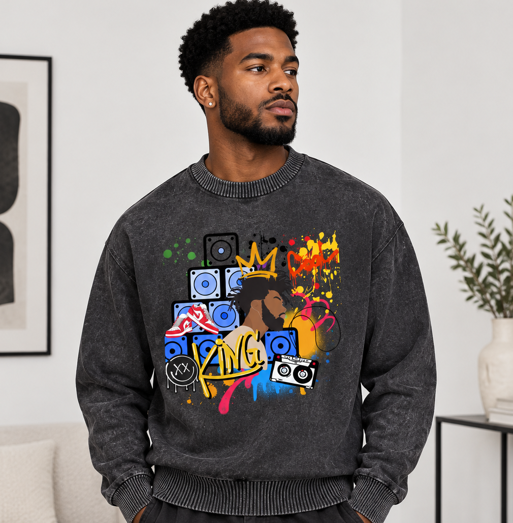King Art Graphic Men's Mineral Wash Oversized Sweater