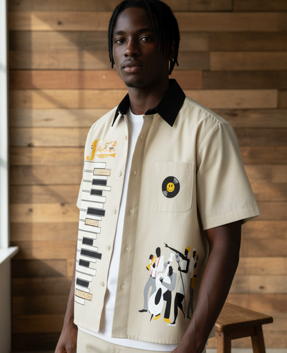 Piano-Inspired Graphic Unisex Short-Sleeve Color-Block Shirt Featuring Jazz Music