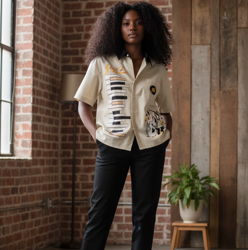 Piano-Inspired Graphic Unisex Short-Sleeve Color-Block Shirt Featuring Jazz Music