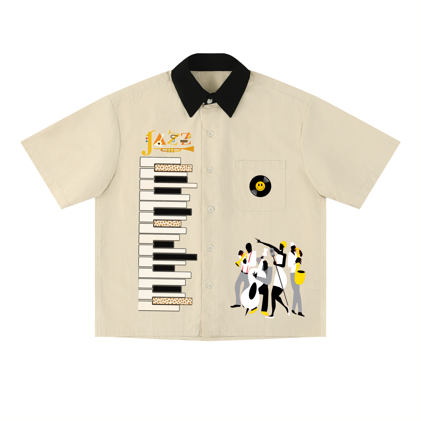 Piano-Inspired Graphic Unisex Short-Sleeve Color-Block Shirt Featuring Jazz Music