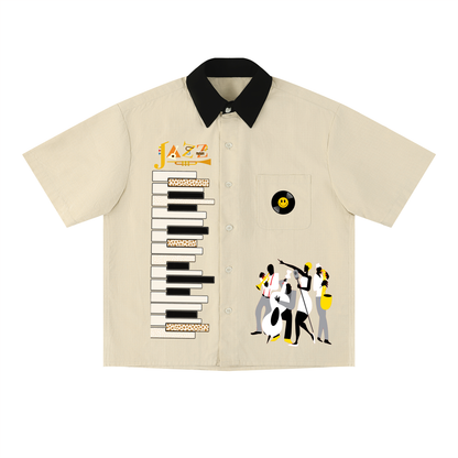 Piano-Inspired Graphic Unisex Short-Sleeve Color-Block Shirt Featuring Jazz Music