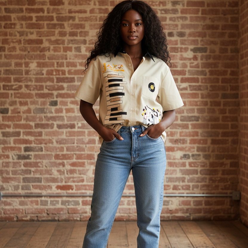 Piano-Inspired Graphic Unisex Short-Sleeve Color-Block Shirt Featuring Jazz Music