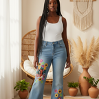 Vintage-Wash Flared Women’s Jeans Featuring an Afro-Music Themed Graphic ODMPOD