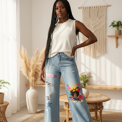 Afro Queen Graphic Women's Vintage Wash Distressed Wide Leg Jeans