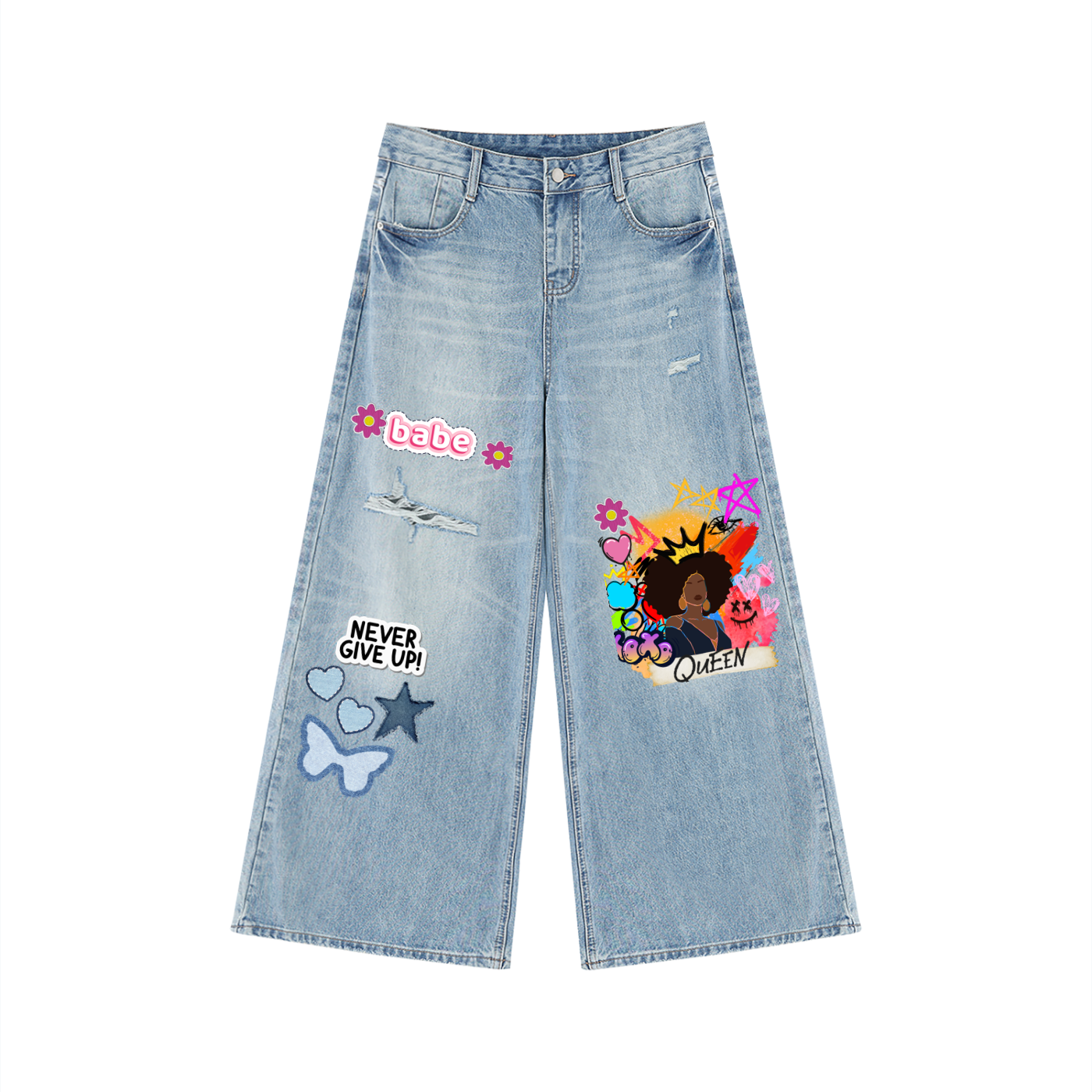 Afro Queen Graphic Women's Vintage Wash Distressed Wide Leg Jeans