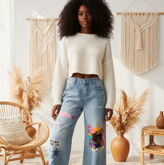 Afro Queen Graphic Women's Vintage Wash Distressed Wide Leg Jeans