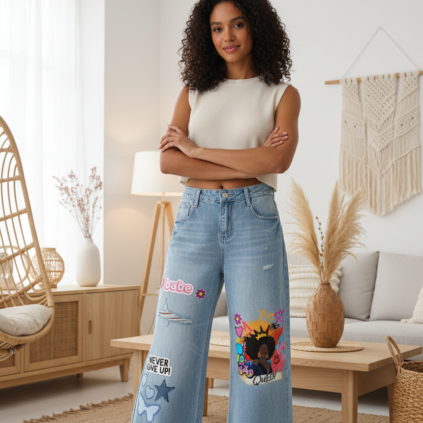 Afro Queen Graphic Women's Vintage Wash Distressed Wide Leg Jeans