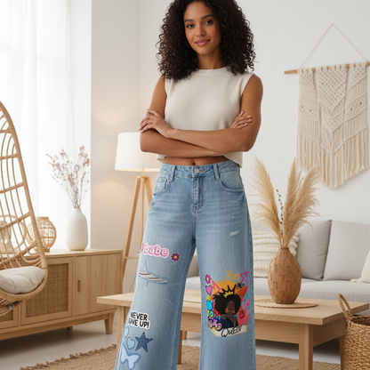 Afro Queen Graphic Women's Vintage Wash Distressed Wide Leg Jeans