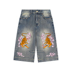 Unisex Vintage Wash Baggy Denim Shorts Featuring Tiger Graphic Art ODMPOD