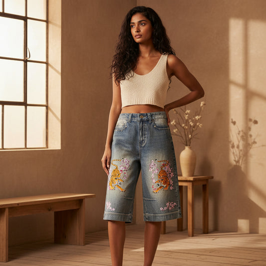 Unisex Vintage Wash Baggy Denim Shorts Featuring Tiger Graphic Art ODMPOD