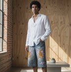 Unisex Vintage Wash Baggy Denim Shorts Featuring Tiger Graphic Art ODMPOD
