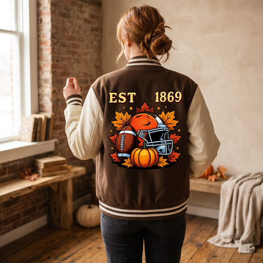 Fall and Football Themed GrahicTwo-Tone Fleeced Varsity Unisex Jacket