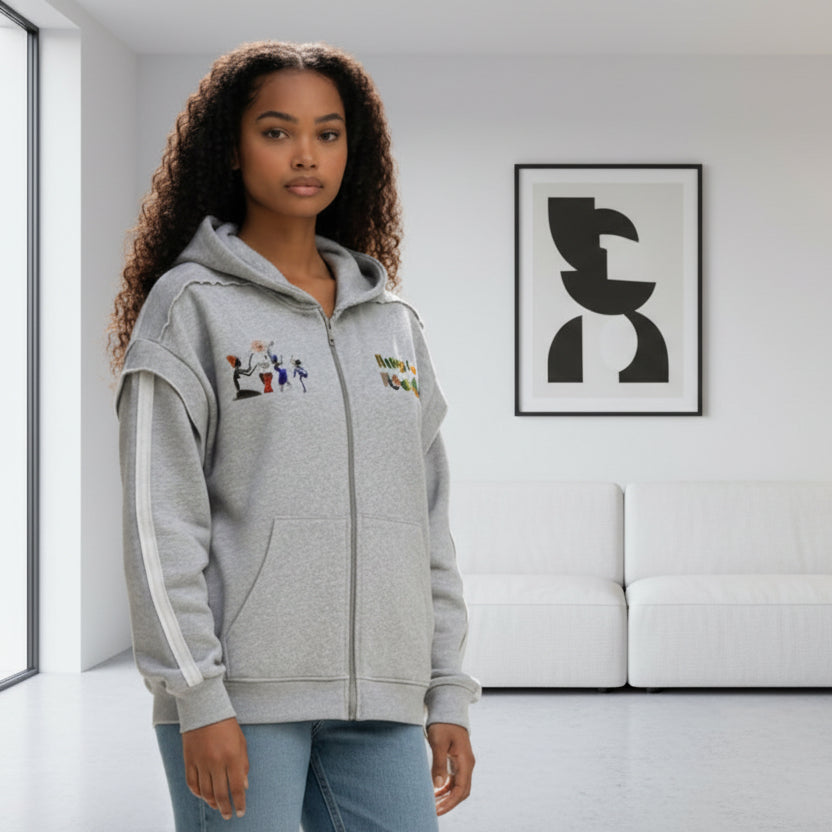Jazz Singer Graphic Double Layered Zip Hoodie, Contrast Tape Raw Edge