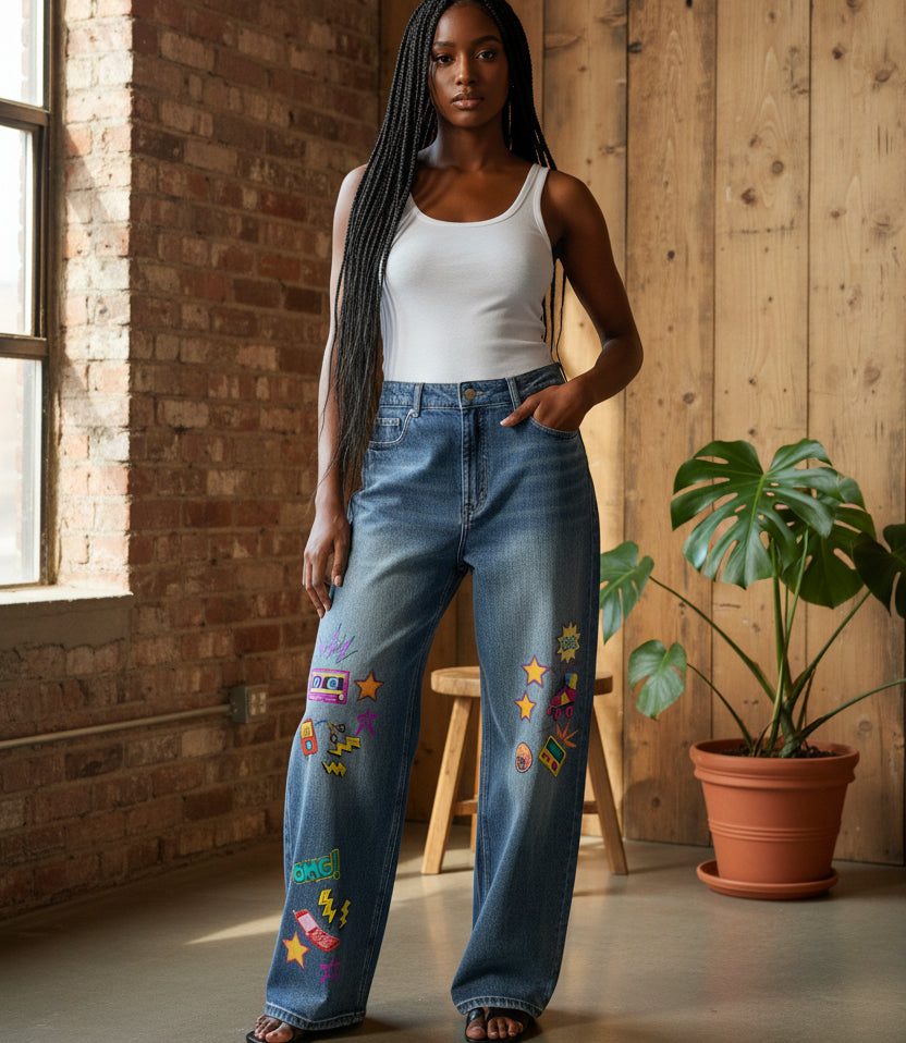 90s Themed Graphic Unisex Sun Fade Heavyweight Denim Jeans
