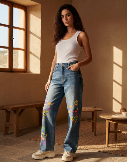 90s Themed Graphic Unisex Sun Fade Heavyweight Denim Jeans