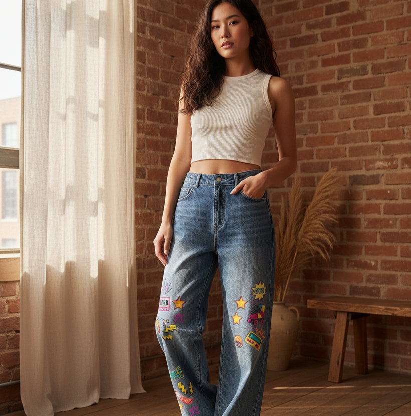 90s Themed Graphic Unisex Sun Fade Heavyweight Denim Jeans