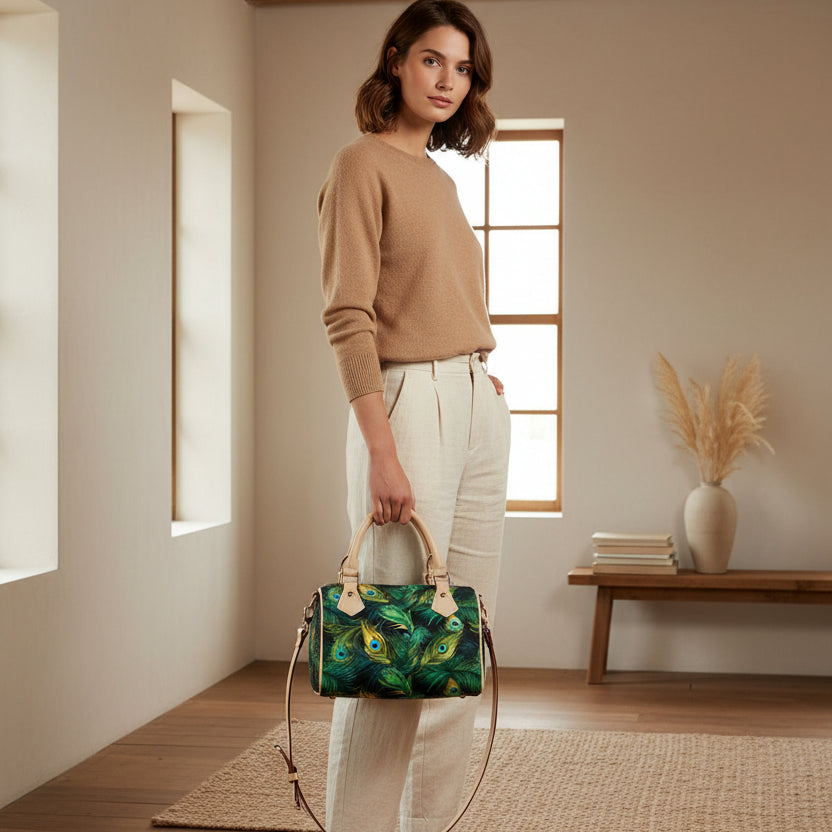 Classic Barrel-Shaped PU Leather Handbag Featuring a Peacock Feather-Inspired Design