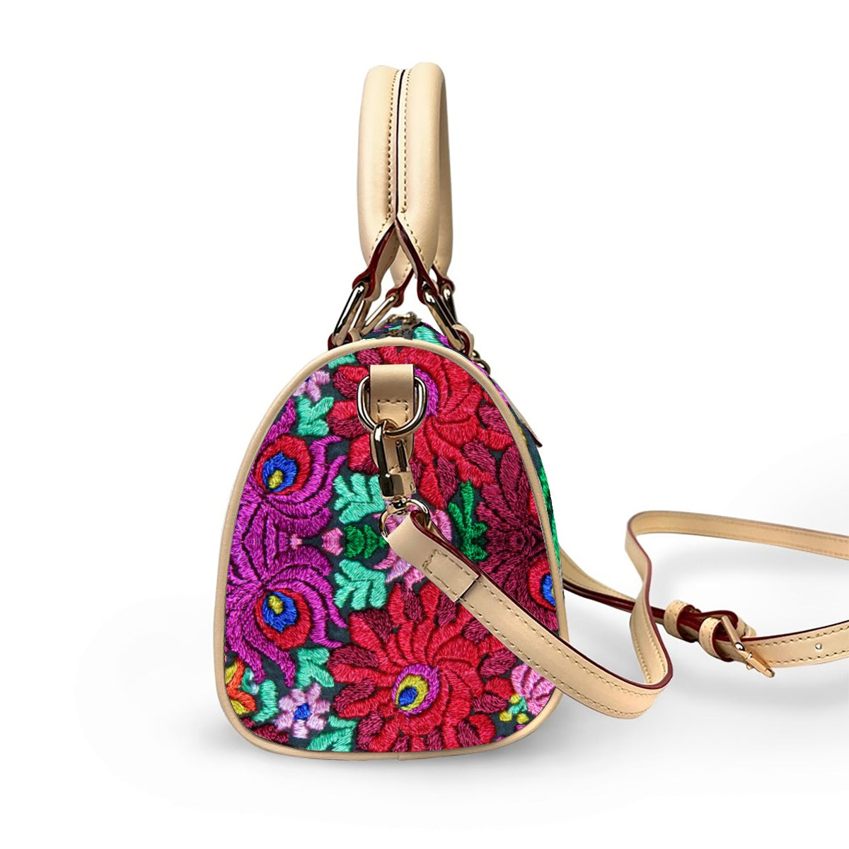 All -Over Colorful Floral Themed Classic Barrel-Shaped PU Leather Handbag