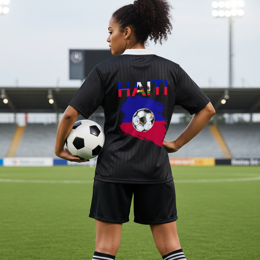 Haiti Flag Themed Contrast Collar Striped Soccer Jersey
