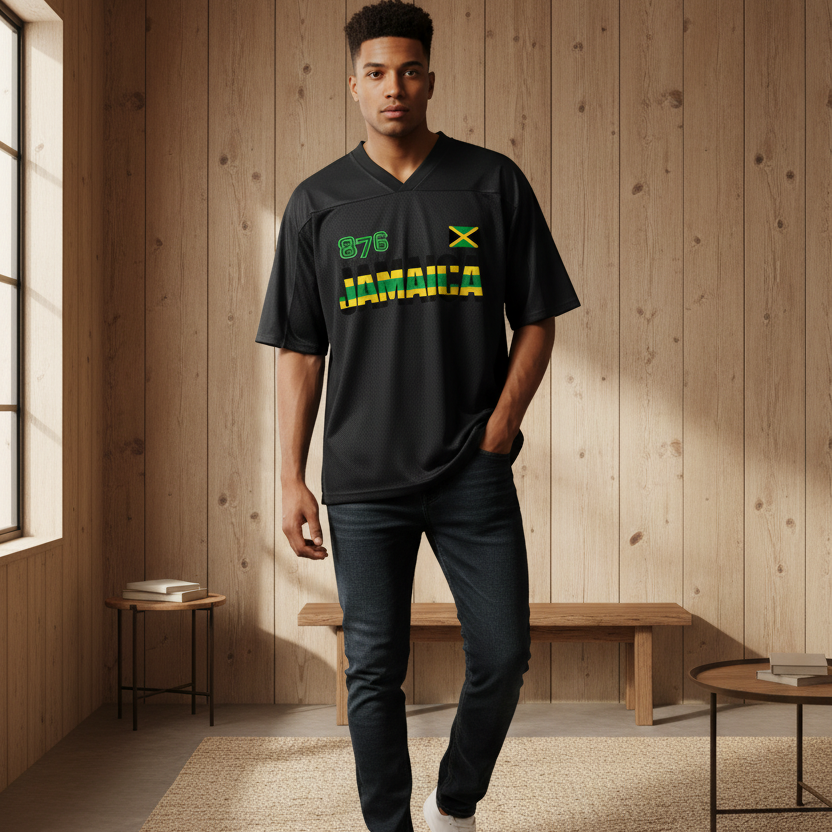 Jamaican Flag Themed Graphic Mesh V-Neck Soccer Jersey
