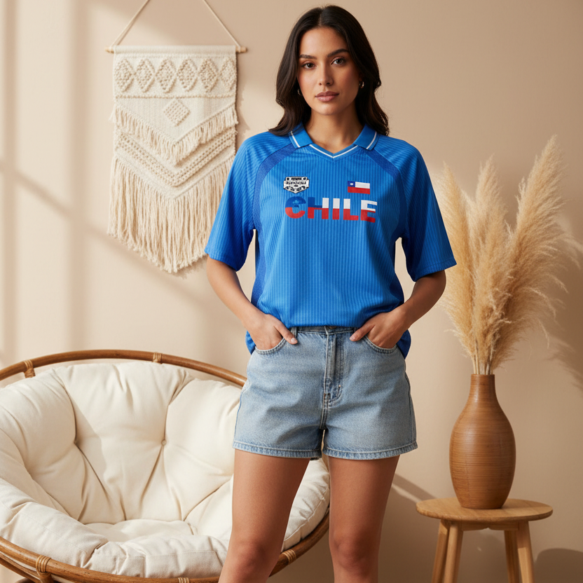 Chile Flag Themed Graphic Striped V-Neck Soccer Jersey