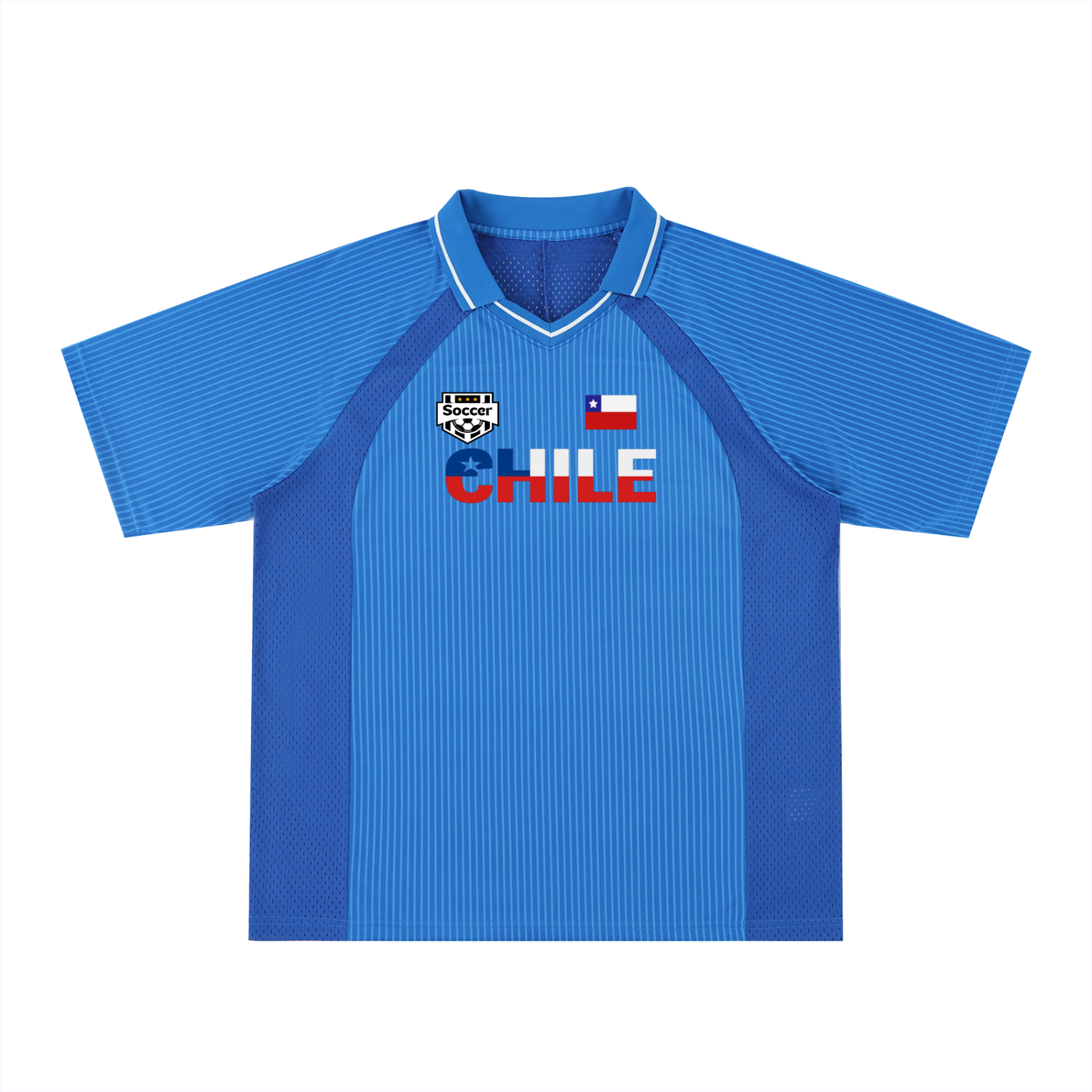 Chile Flag Themed Graphic Striped V-Neck Soccer Jersey