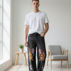 Men's Heavyweight Denim Jeans Featuring Tiger Graphic Art and Washed Finish ODMPOD