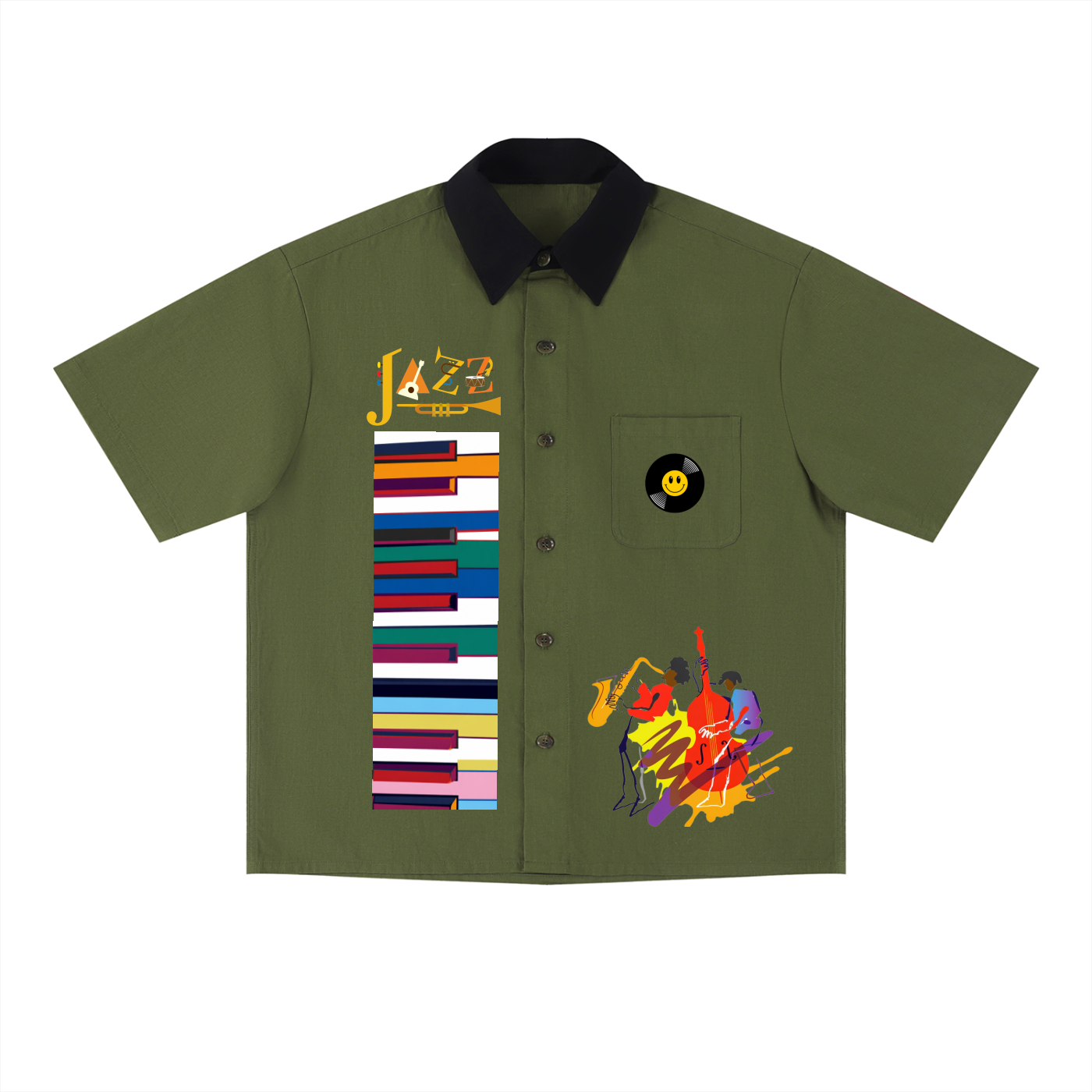 Colorful Piano Keys and Jazz Music Themed Unisex Color Block Short Sleeve Shirt