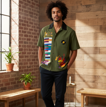 Colorful Piano Keys and Jazz Music Themed Unisex Color Block Short Sleeve Shirt