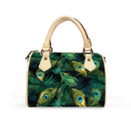 Classic Barrel-Shaped PU Leather Handbag Featuring a Peacock Feather-Inspired Design