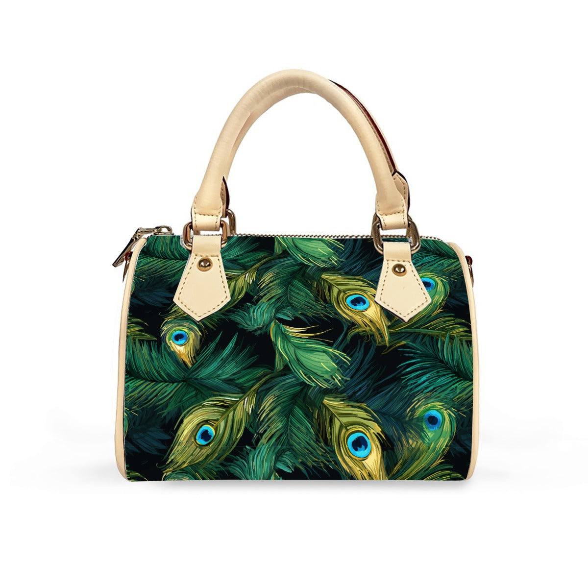 Classic Barrel-Shaped PU Leather Handbag Featuring a Peacock Feather-Inspired Design
