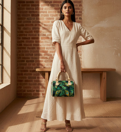 Classic Barrel-Shaped PU Leather Handbag Featuring a Peacock Feather-Inspired Design