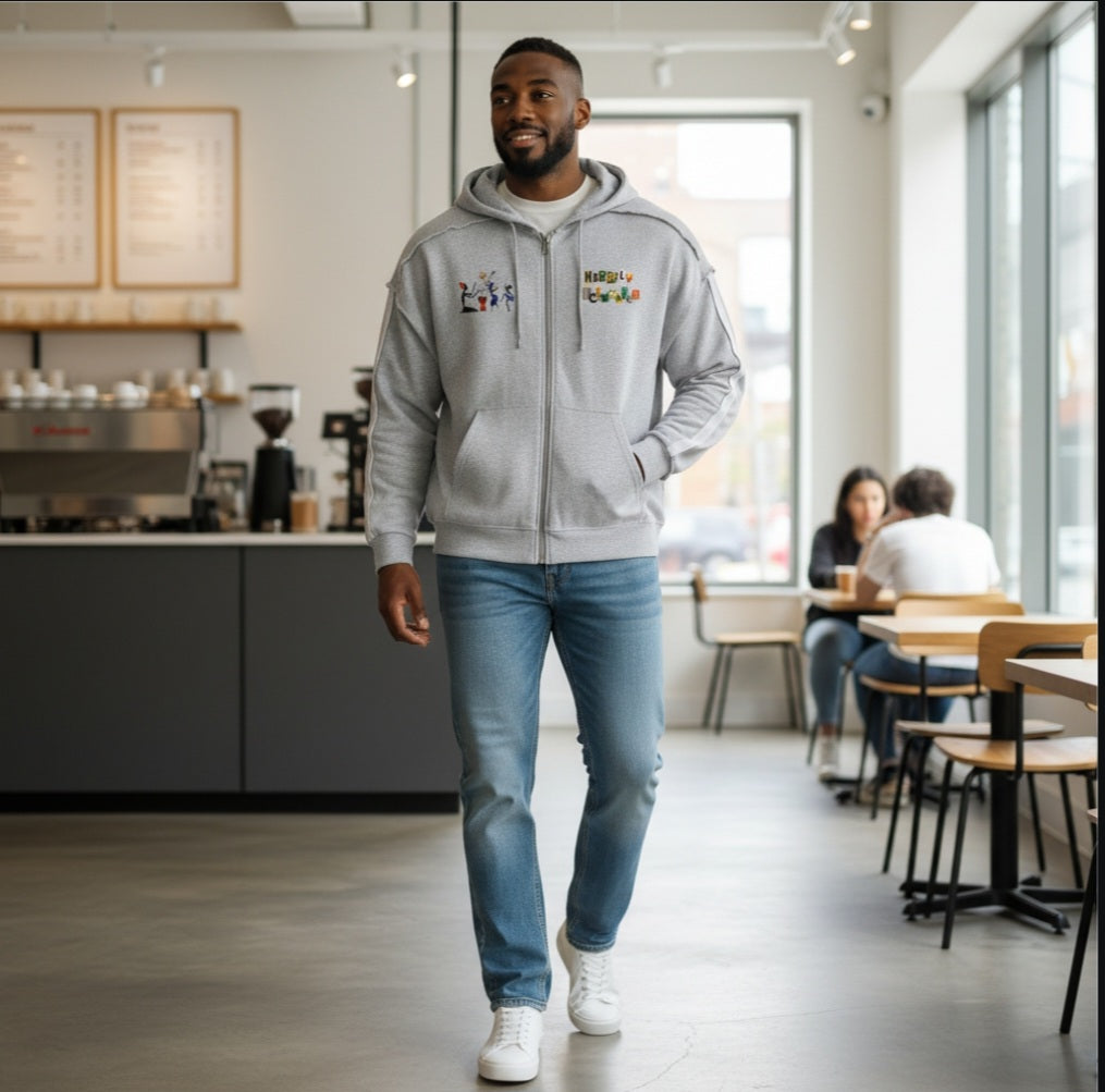 Jazz Singer Graphic Double-Layered Zip-Up Hoodie, featuring contrast tape detailing and raw-edge accents. ODMPOD
