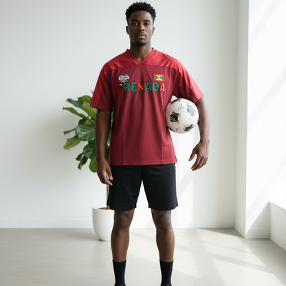Grenada Flag Themed Graphic Mesh V-Neck Soccer Jersey