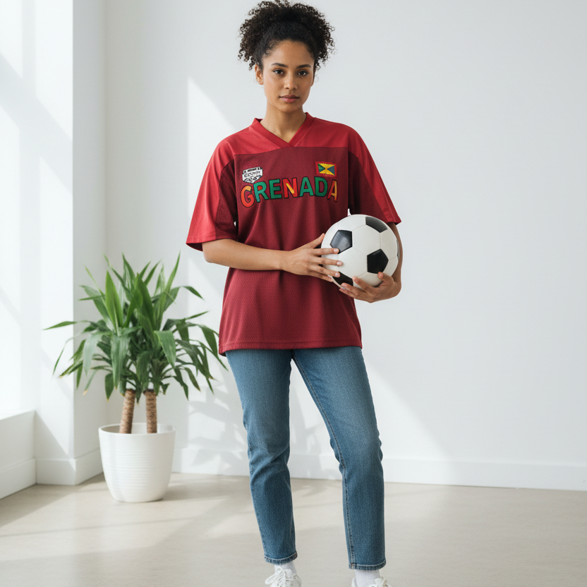 Grenada Flag Themed Graphic Mesh V-Neck Soccer Jersey