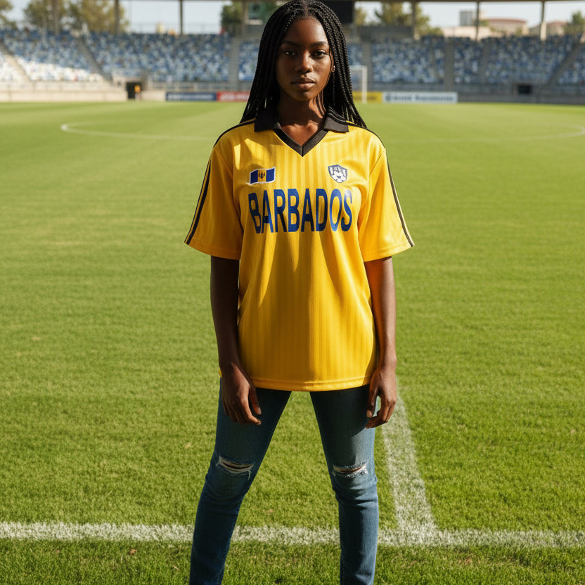 Barbados Flag Themed Contrast Collar Striped Soccer Jersey