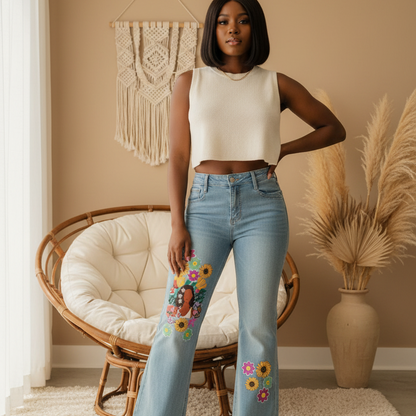 Afro Music Themed Graphic Women's Vintage Wash Flared Leg Jeans
