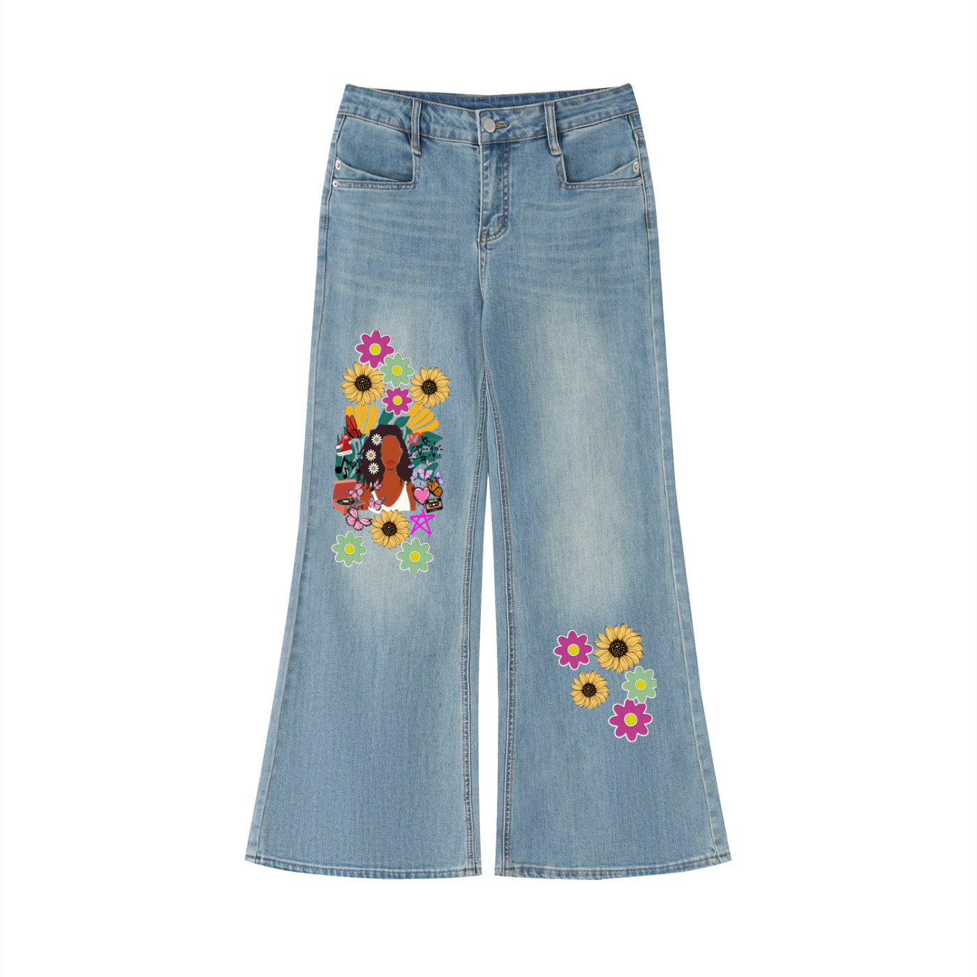 Afro Music Themed Graphic Women's Vintage Wash Flared Leg Jeans
