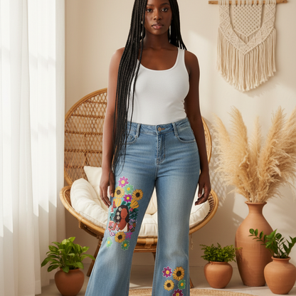 Afro Music Themed Graphic Women's Vintage Wash Flared Leg Jeans