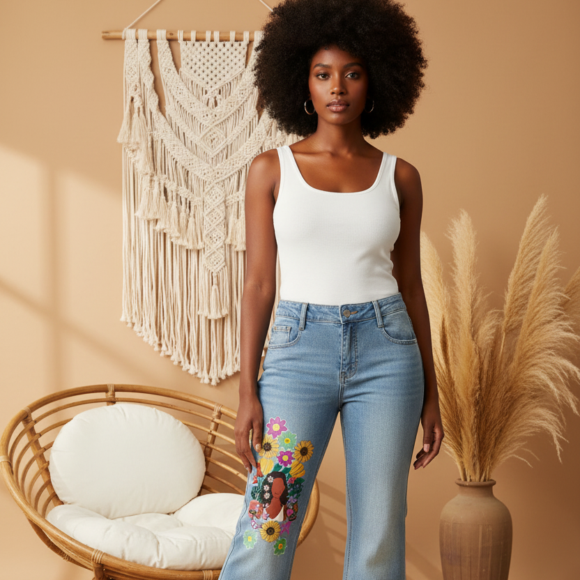 Afro Music Themed Graphic Women's Vintage Wash Flared Leg Jeans